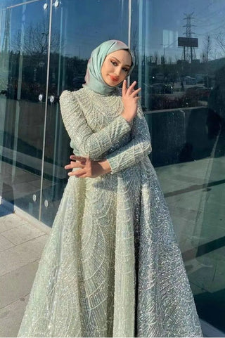 Green Muslim Long Sleeves Elegant Wedding Guest Dress - Luxury A-Line Evening Dress with Crystal Rhinestones