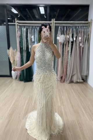 Ships in 1 to 3 Days - Dubai Halter Beige Feathers Beaded Formal Luxury Mermaid Evening Dress for Women Wedding Party 2024