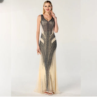 Dubai Design Grey Luxury V-Neck Mermaid Evening Dress with Sequined Beading - Sexy Evening Gown