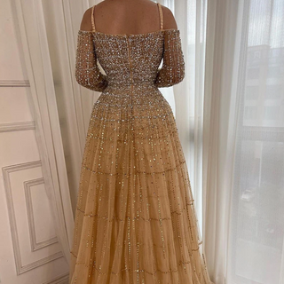 Champagne Luxury Evening Gown: Elegant Long Sleeves with Beaded Detailing for Women's Party 2024