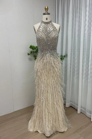 Ships in 1 to 3 Days - Dubai Halter Beige Feathers Beaded Formal Luxury Mermaid Evening Dress for Women Wedding Party 2024