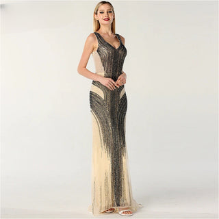 Dubai Design Grey Luxury V-Neck Mermaid Evening Dress with Sequined Beading - Sexy Evening Gown