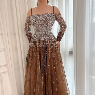 Champagne Luxury Evening Gown: Elegant Long Sleeves with Beaded Detailing for Women's Party 2024