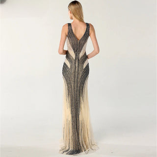 Dubai Design Grey Luxury V-Neck Mermaid Evening Dress with Sequined Beading - Sexy Evening Gown