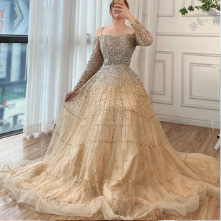 Champagne Luxury Evening Gown: Elegant Long Sleeves with Beaded Detailing for Women's Party 2024