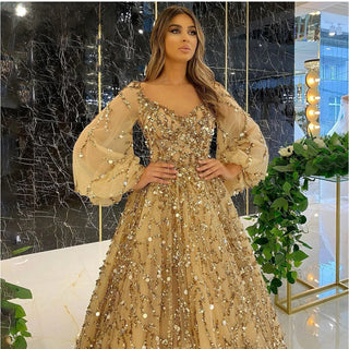 Ships in 1 to 3 Days - Muslim Gold Luxury A-Line Evening Dress 2024: Puff Sleeves, Beaded, for Woman Party