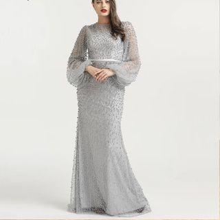 Grey Mermaid Evening Dress 2024: Full Pearls, Long Sleeves, Sexy Fashion, Formal Evening Gown - Plus Size