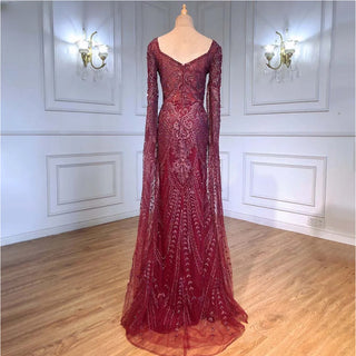 Wine Red Luxury Cape Sleeve Evening Gown 2024 - Beaded Mermaid Elegant Dress for Women's Party