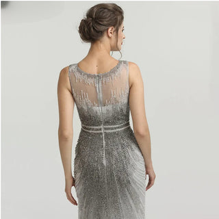 Twilight Allure: Sleeveless Grey Nude V-Neck Evening Gown with Crystal Embellishments – 2024