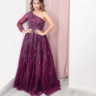 Dubai Design Wine Red A-Line Evening Dress: 2024 One Shoulder Elegant Luxury Formal Attire