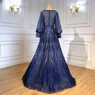 Dubai Twilight Glow: Elegant Long Sleeve Overskirt Evening Dress with 2024 Luxury Crystal Embellishments, Perfect for Plus Size Women at Navy Blue Wedding and Formal Parties.