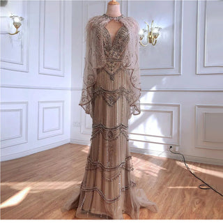 Dubai Caramel Mermaid Elegant Evening Dress 2024: Sleeveless with Shawl Yarn Feathers - Formal Attire