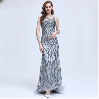 Grey Sleeveless Mermaid Sparkly Sexy Evening Dress 2024 with Crystal Sequins - Luxury Evening Gown