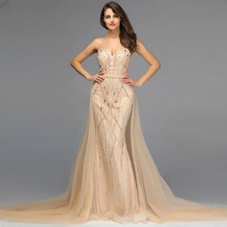 Crystal-Embellished Long White and Nude Mermaid Evening Dress - 2024 Elegant Gown