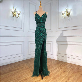 Green Spaghetti Strap Mermaid Evening Dresses Gowns 2024 Beaded Elegant High Split for Women Party