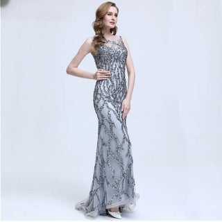 Grey Sleeveless Mermaid Sparkly Sexy Evening Dress 2024 with Crystal Sequins - Luxury Evening Gown