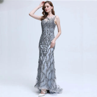 Grey Sleeveless Mermaid Sparkly Sexy Evening Dress 2024 with Crystal Sequins - Luxury Evening Gown