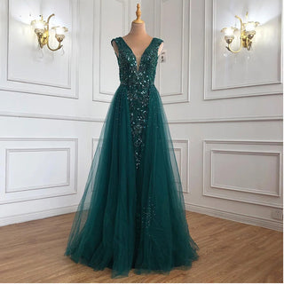 Navy Blue Mermaid With Train Evening Dress: 2024 Beaded Crystal Tulle Formal Gown for Woman's Wedding Party