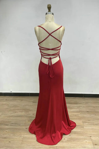 Red Sexy Spaghetti Straps Mermaid Evening Dress - High Split Satin Gown with Lace-Up Back for Prom and Graduation