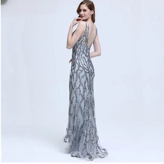 Grey Sleeveless Mermaid Sparkly Sexy Evening Dress 2024 with Crystal Sequins - Luxury Evening Gown