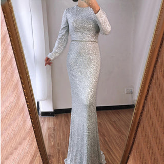 Muslim Silver Mermaid Elegant Evening Gown - Long Sleeves Sparkle for Women's Party 2024