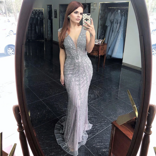 Grey Mermaid Evening Dress with Beading, Crystal, Luxury, and Elegance - Ideal for Women's Party