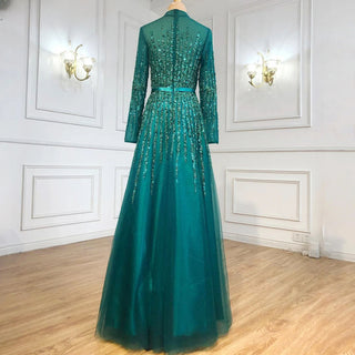 Blue A-Line Muslim Evening Dress 2024: Luxury Beaded Crystal, Ideal for Women's Party