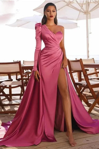 Fuchsia Arabic Stunning High Split Mermaid Evening Dress - Exclusive One-Shoulder Satin Long Party Gown for Women