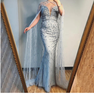 Grey Mermaid Sleeveless Shawl Yarn Evening Dresses 2024 Dubai Luxury Beading Crystal Formal Dress