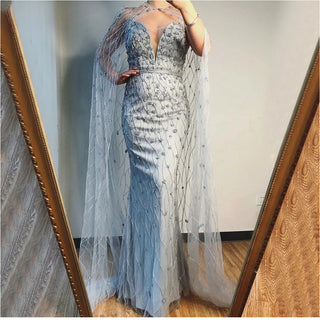 Grey Mermaid Sleeveless Shawl Yarn Evening Dresses 2024 Dubai Luxury Beading Crystal Formal Dress