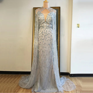 Grey Mermaid Sleeveless Shawl Yarn Evening Dresses 2024 Dubai Luxury Beading Crystal Formal Dress