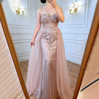 Pink Luxury Overskirt Evening Dress 2024 with Spaghetti Straps, Beaded Mermaid - Ideal for Women's Parties