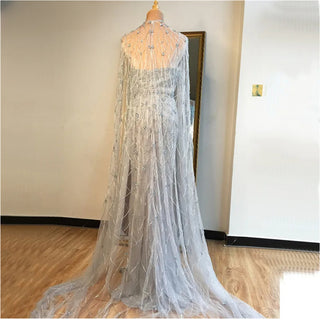 Grey Mermaid Sleeveless Shawl Yarn Evening Dresses 2024 Dubai Luxury Beading Crystal Formal Dress