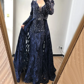 Dubai Blue Mermaid Deep-V Crystal Long Sleeves Luxury Party Dress: Formal Women's Evening Attire, 2024