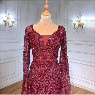 Wine Red Luxury Cape Sleeve Evening Gown 2024 - Beaded Mermaid Elegant Dress for Women's Party