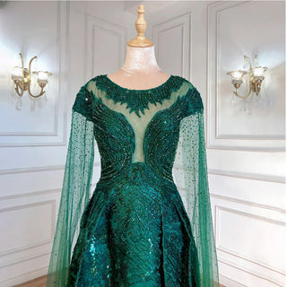 Green Luxury Cape Sleeves Evening Gown 2024 - Lace Beaded A-Line for Women's Parties