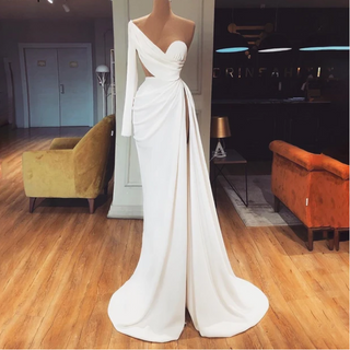 Ships in 1 to 3 Days - White One Shoulder Long Sleeves Evening Dress 2024 Satin Mermaid Simple Sexy Formal Dress