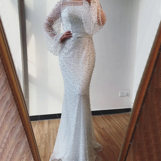 Grey Mermaid Evening Dress 2024: Full Pearls, Long Sleeves, Sexy Fashion, Formal Evening Gown - Plus Size