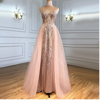 Pink Luxury Overskirt Evening Dress 2024 with Spaghetti Straps, Beaded Mermaid - Ideal for Women's Parties