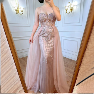 Pink Luxury Overskirt Evening Dress 2024 with Spaghetti Straps, Beaded Mermaid - Ideal for Women's Parties