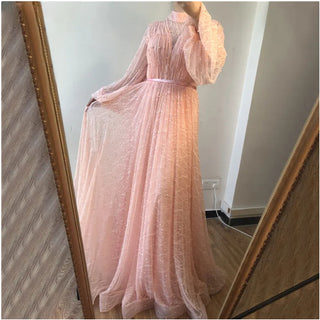 Black Peach Pearls Beach Prom Dress 2024: Long Sleeves, Sexy Tulle Gown Design - Plus Size