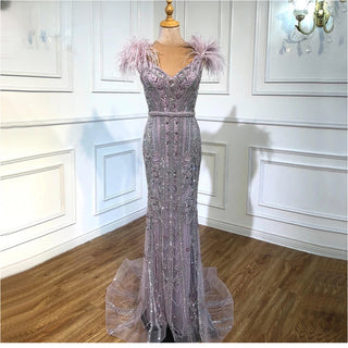 Nude Luxury Mermaid Evening Gown 2024 Elegant Feathers Beaded Sexy For Women Formal Party Dress