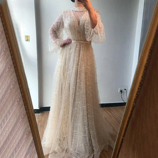 Black Peach Pearls Beach Prom Dress 2024: Long Sleeves, Sexy Tulle Gown Design - Plus Size