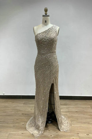 Caramel Glitter Beaded One-Shoulder Mermaid Evening Dress - Sexy High Split Sheath Gown for Graduation and Wedding Parties