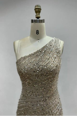 Caramel Glitter Beaded One-Shoulder Mermaid Evening Dress - Sexy High Split Sheath Gown for Graduation and Wedding Parties