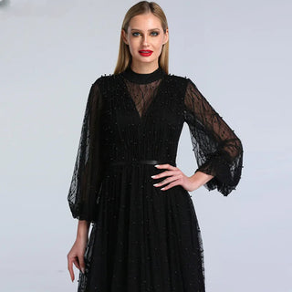 Black Peach Pearls Beach Prom Dress 2024: Long Sleeves, Sexy Tulle Gown Design - Plus Size