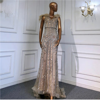 Nude Luxury Mermaid Evening Gown 2024 Elegant Feathers Beaded Sexy For Women Formal Party Dress