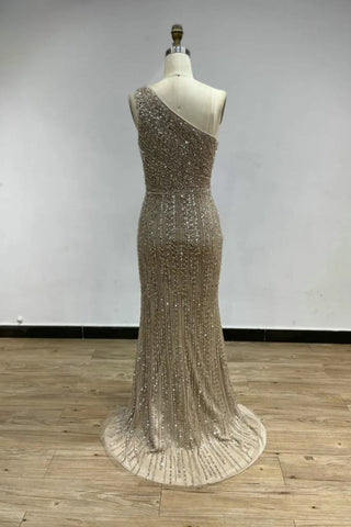 Caramel Glitter Beaded One-Shoulder Mermaid Evening Dress - Sexy High Split Sheath Gown for Graduation and Wedding Parties