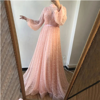 Black Peach Pearls Beach Prom Dress 2024: Long Sleeves, Sexy Tulle Gown Design - Plus Size