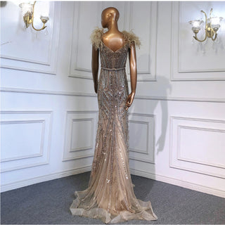 Nude Luxury Mermaid Evening Gown 2024 Elegant Feathers Beaded Sexy For Women Formal Party Dress